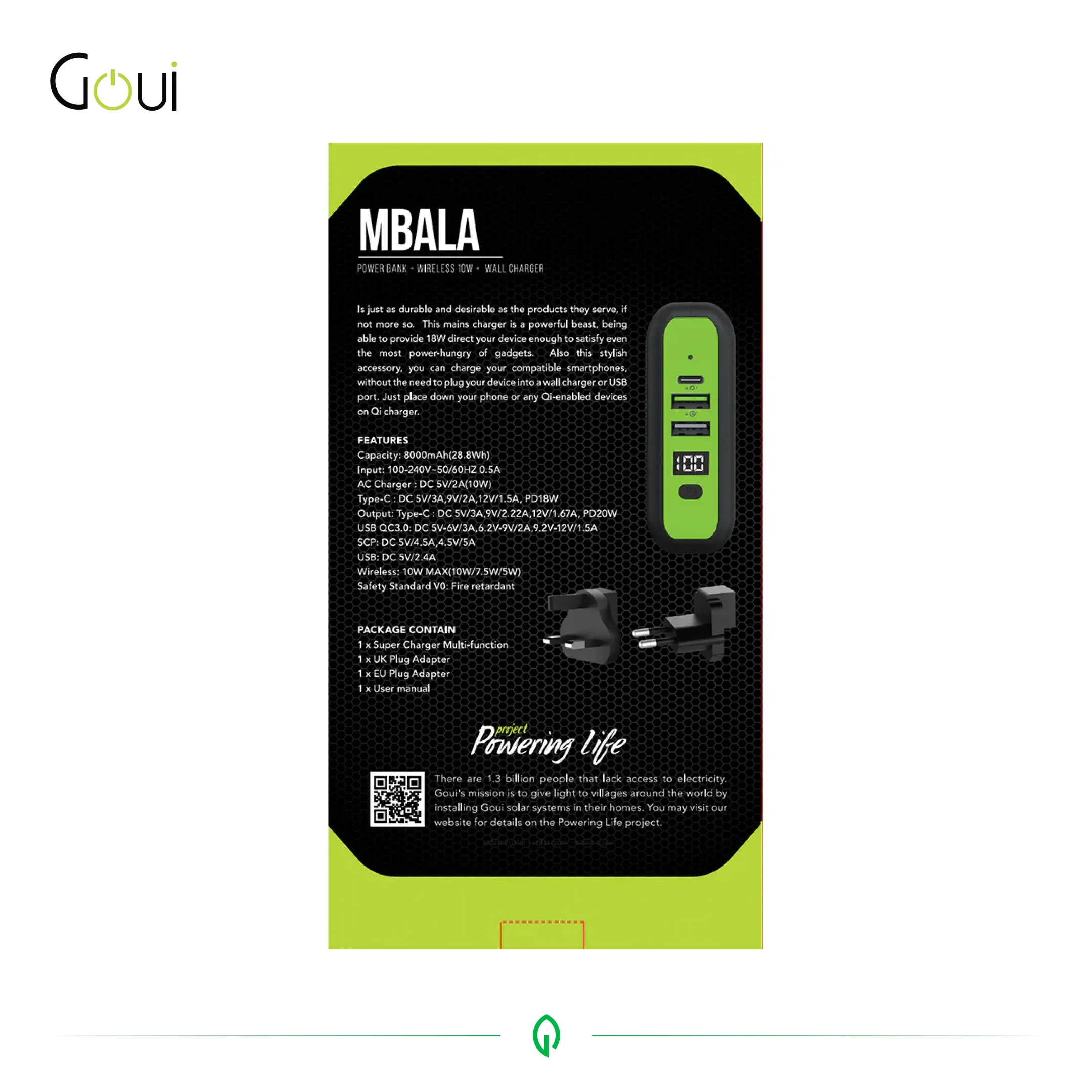 Goui Mbala Chargeur Sans Fil +Powerbank 8000 mAh Qi + Chargeur mural